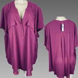 Torrid +5 Dark Magenta Split Button Neckline Chest Pockets Short Sleeve Blouse